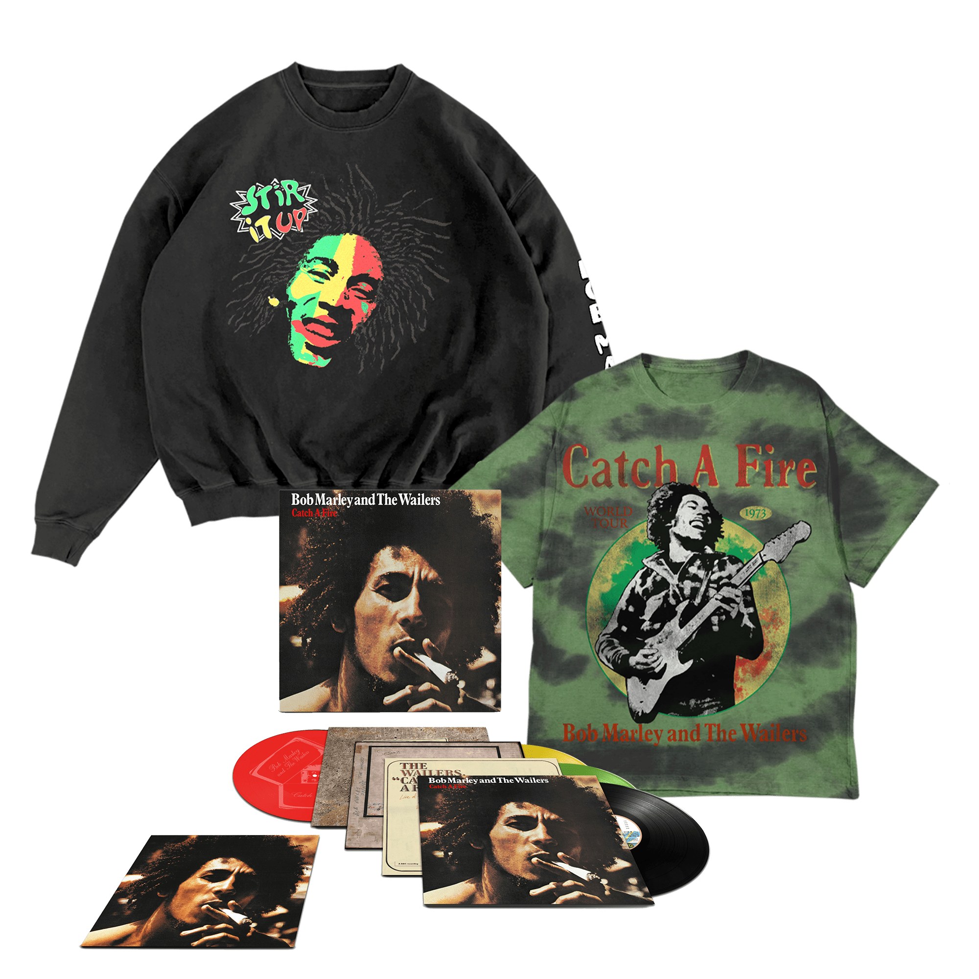 Catch A Fire (50th Anniversary): Exclusive Colour Vinyl 3LP/12″, Tie Dye T-Shirt + Stir It Up Crewneck